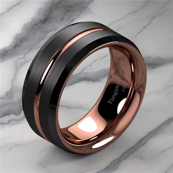 Men's Black Brushed Rose Gold Wedding Band Ring - Men's Wedding Rings - Picture 6 of 9